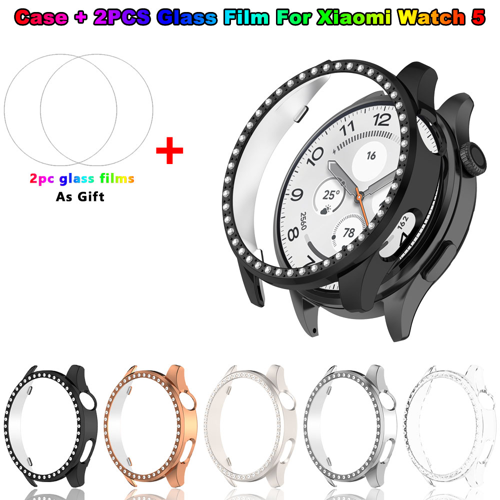 Android Smartwatch Accessories - เคสพีซีแบบมีประกาย + ฟิล์มกระจกสำหรับนาฬิกาเสี่ยวมี่ 5 ตัวป้องกันกันกระแทกแบบเพชร กรอบเปลือกหุ้มสำหรับนาฬิกาเสี่ยวมี่